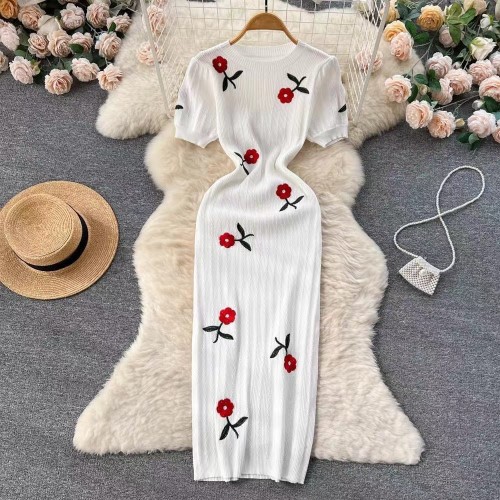 Embroidered Rose Knitted Dress
