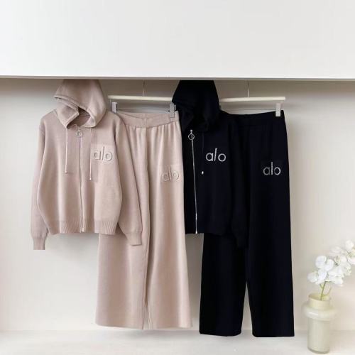 Hooded cardigan zipper jacket loose knit wide leg pants two-piece set