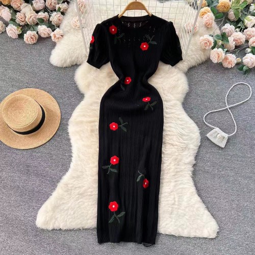 Embroidered Rose Knitted Dress