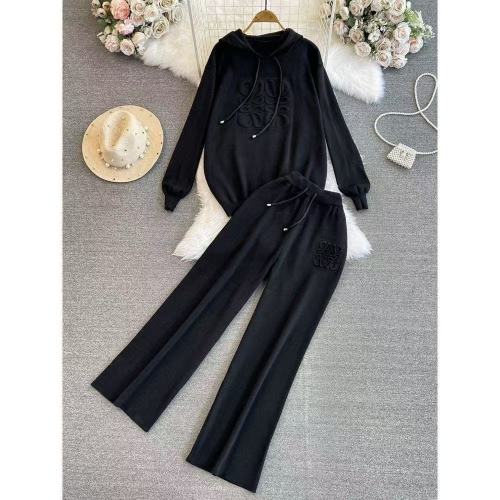 3D Heavy Industry Knitted Hooded Wide Leg Pants Set