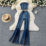 Cowboy sleeveless strapless vest+high waisted denim trumpet pants hot stamping set