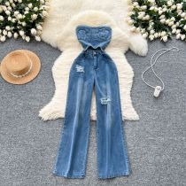 Hollow out sleeveless high waisted ripped denim jumpsuit
