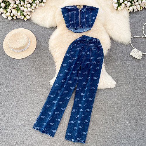 Strapless denim vest straight leg pants two-piece set