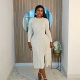 Metal button waist cinching long slit knit dress