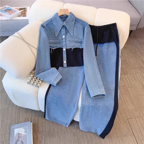 Two piece set of long sleeved shirt and wide leg long pants