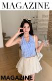 Blue checkered backless halter top tank top