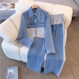 Two piece set of long sleeved shirt and wide leg long pants