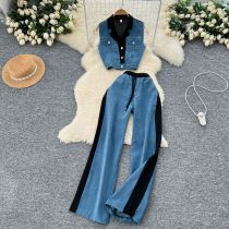 Collar sleeveless denim vest, high waist wide leg straight leg pants