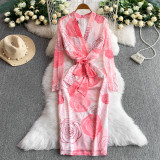 Long sleeved V-neck lace up mid length hip print dress
