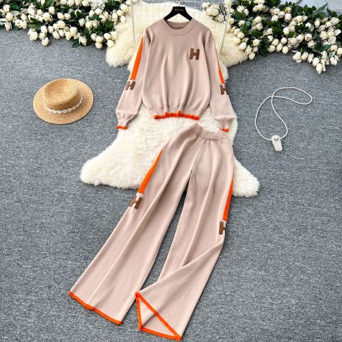Letter Embroidered Knitted Shirt Long Sleeve High Waist Wide Leg Long Pants Two Piece Set