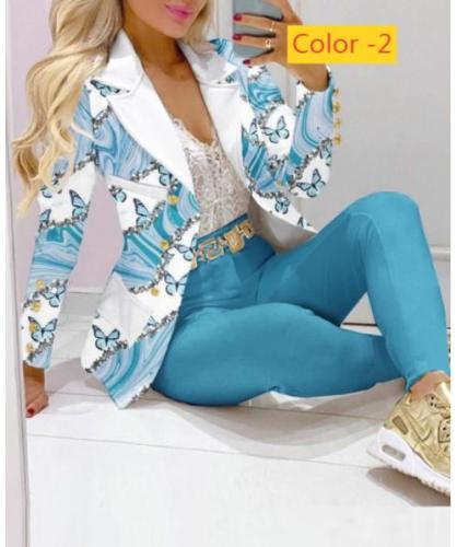 Printed long sleeved small suit+two-piece pants set