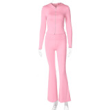 Zipper long sleeved hooded top, flared pants set