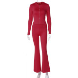 Zipper long sleeved hooded top, flared pants set