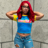 Letter print contrasting round neck pullover short crop top T-shirt with exposed navel
