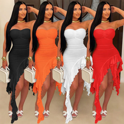 Flat chested irregular solid color ruffled dress