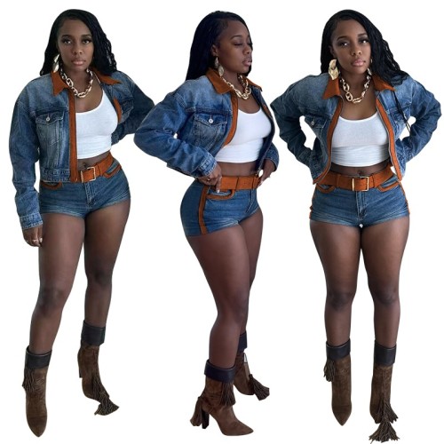 Color blocking long sleeved elastic denim shorts set