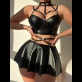 Neck-hanging leather bra and short skirt sexy lingerie set