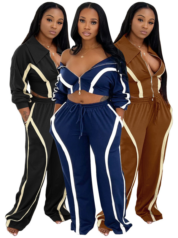 Striped patchwork contrasting zipper lapel top, wide leg pants two-piece set
