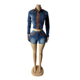 Color blocking long sleeved elastic denim shorts set