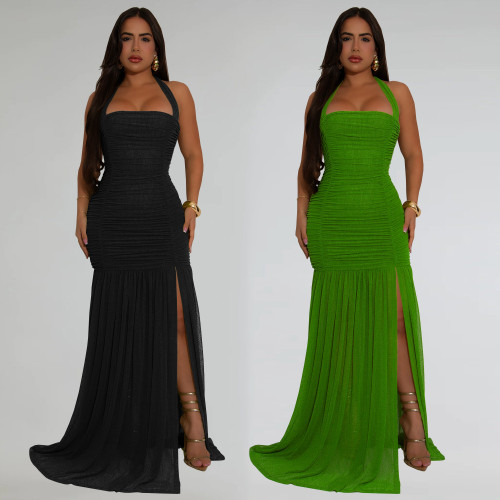 Mesh slit solid color dress