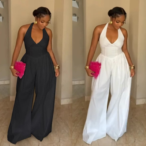 Hanging neck V-neck backless wide leg jumpsuit
