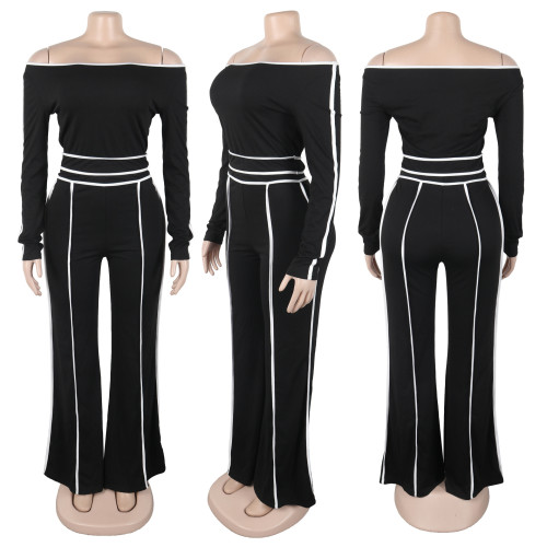 Two piece set of high waisted wide leg pants with one shoulder slanted collar elastic splicing