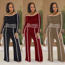 Two piece set of high waisted wide leg pants with one shoulder slanted collar elastic splicing Two piece set of high waisted wide leg pants with one shoulder slanted collar elastic splicing