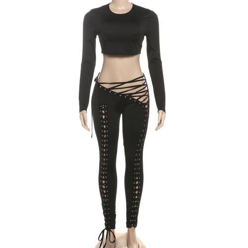 Long sleeved hollow strap tight pants two-piece set