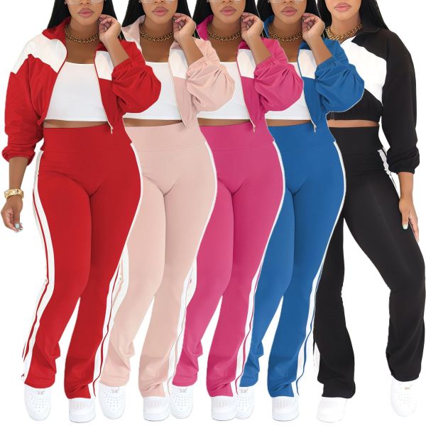 Splicing set long sleeved zipper jacket two-piece set