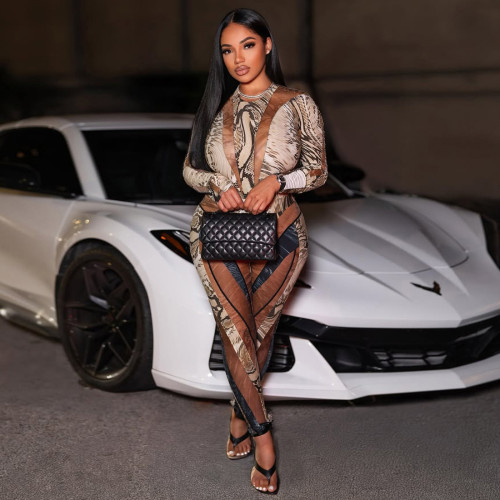Serpentine print tight fitting jumpsuit and pants set