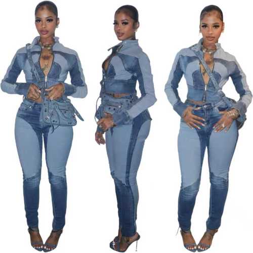 High elasticity splicing color washed denim two-piece set