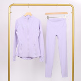Slim fit stand up collar jacket and cropped pants set, elastic quick drying fitness yoga suit