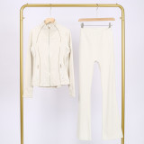 Slim fit stand up collar jacket and cropped bell-bottoms pants set, elastic quick drying fitness yoga suit