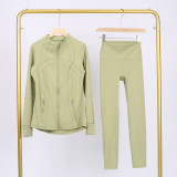 Slim fit stand up collar jacket and cropped pants set, elastic quick drying fitness yoga suit