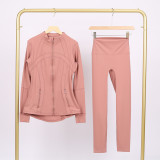 Slim fit stand up collar jacket and cropped pants set, elastic quick drying fitness yoga suit