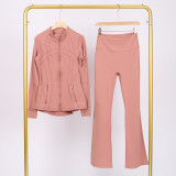 Slim fit stand up collar jacket and cropped bell-bottoms pants set, elastic quick drying fitness yoga suit