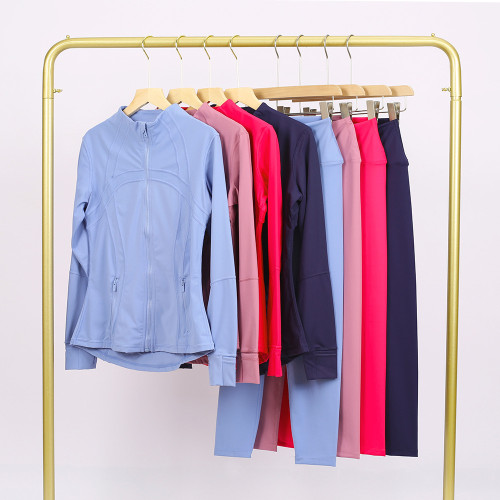 Slim fit stand up collar jacket and cropped pants set, elastic quick drying fitness yoga suit