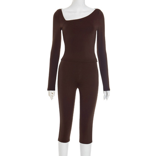 Irregular diagonal collar pullover long sleeved seven quarter pants set