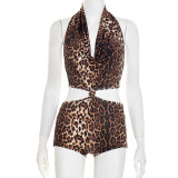 Leopard print hanging neck, back strap, twisted and spliced three piece jumpsuit