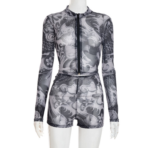 Zipper round neck see through printed long sleeved pleated three part shorts set