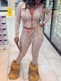 Hip hugging leopard print elastic band long pants zipper cardigan two-piece set