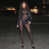 High neck lace hollowed out see through mesh socks zipper jumpsuit