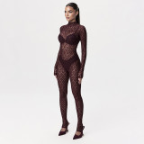 High neck lace hollowed out see through mesh socks zipper jumpsuit