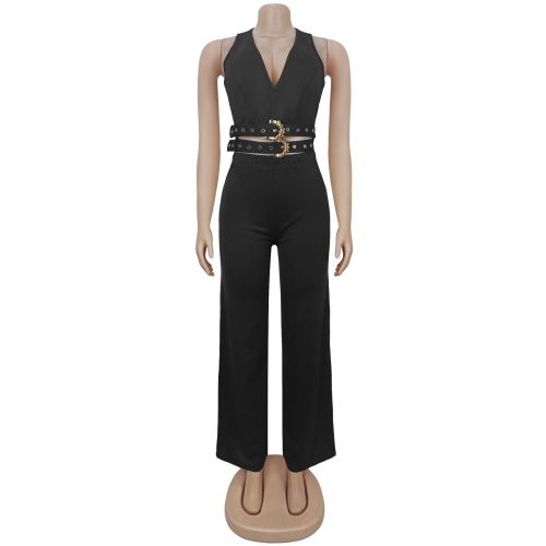 V-neck decorative buckle belt top and pants set