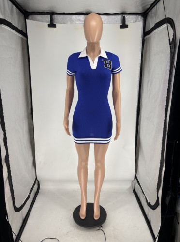 Collar short sleeved dress, pit stripe short skirt