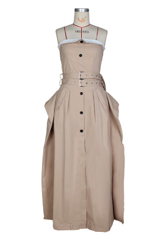 Sleeveless trench coat, single breasted wrap, double waistband, large swing skirt