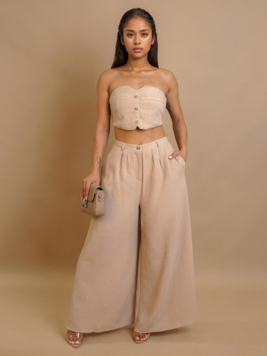 Elastic strapless vest wide leg pants set