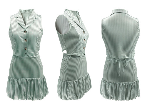 Collar striped single breasted sleeveless vest vest, vest, flower bud half skirt set