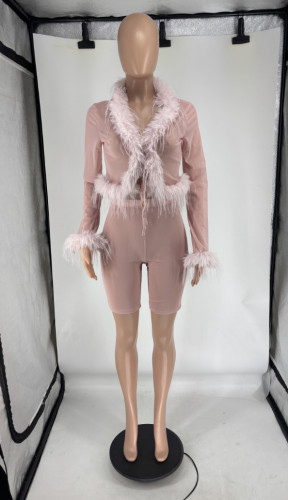 Fleece collar lace up top, tight elastic shorts set