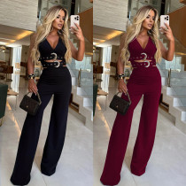 V-neck decorative buckle belt top and pants set